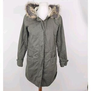 Forever21 Olive Army Green Hooded Parka Jacket Faux Fur Lined Womens Small